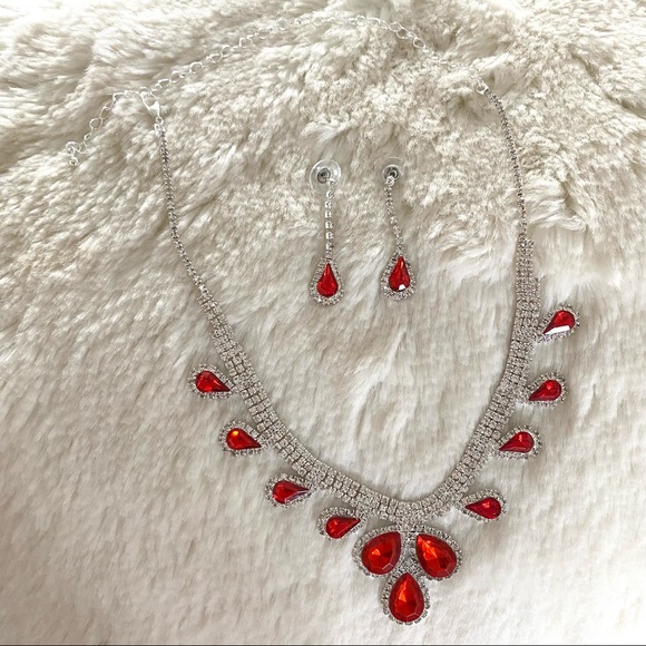 SOLD!! Red Gem Necklace Set Earrings Bundle Silver Style Luxury Rhinestones - Picture 2 of 4